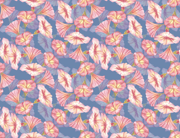 Patrón inconsútil a base de hierbas con flores pintadas de locha rosa. Fondo de arte digital con patrón floral. Impresión para papel y tela. Diseño textil de superficie de moda - Foto, imagen