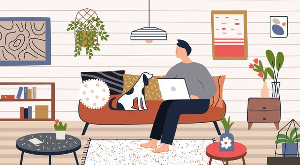 Muž pracující na počítači v pohodlné pohovce doma. Roztomilý design interiéru. Moderní ilustrace. - Vektor, obrázek