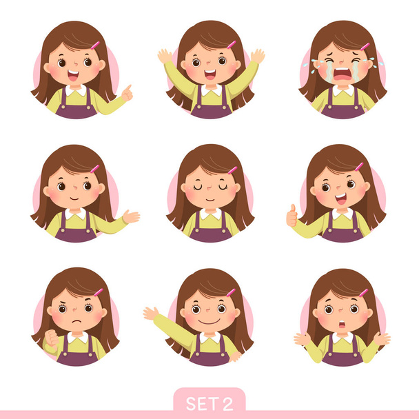 Conjunto de dibujos animados vectoriales de una niña en diferentes posturas con diversas emociones. Conjunto 2 de 3. - Vector, imagen