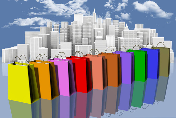 Ilustracja 3D. Torba na pierwszym planie. W tle stylizowane miasto. Obraz, który reprezentuje zakupy w mieście, sklepach, centrach handlowych.  - Zdjęcie, obraz