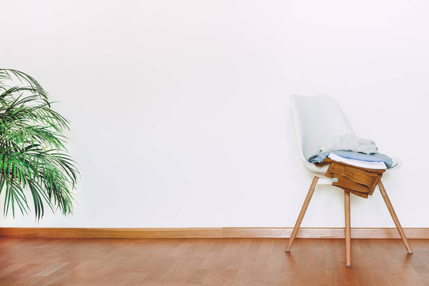 Mockup interno a parete piatta con pianta d'appartamento verde vaso e sedia con vestiti in stile minimalista. Interno in arioso stile scandinavo chiaro con pavimento in legno - Foto, immagini