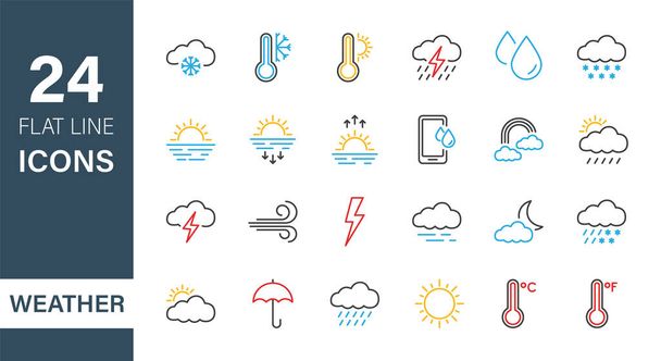 Set of Weather Line Icons. Weather Forecast graphic elements. Meteorology. Temperature, Sun, Cloud, Rain. Sunrise and Sunset pictogram. Editable stroke. Vector illustration - Vector, Image