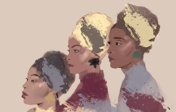 Czarna Afrykanka z turbanem we włosach. Malowanie czarnej kobiety. Sztuka afro dziewczyna, okłady głowy - Zdjęcie, obraz