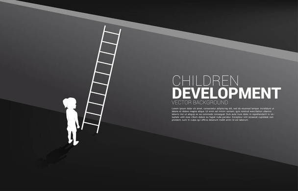 silhouette di capretto pronto ad attraversare il muro con scala. Concetto di istruzione e apprendimento dei bambini. - Vettoriali, immagini