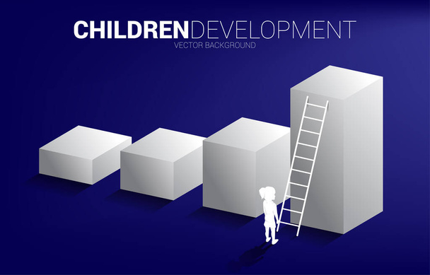 silueta de niña de pie en el gráfico de barras con escalera. Concepto de educación y aprendizaje infantil. - Vector, imagen