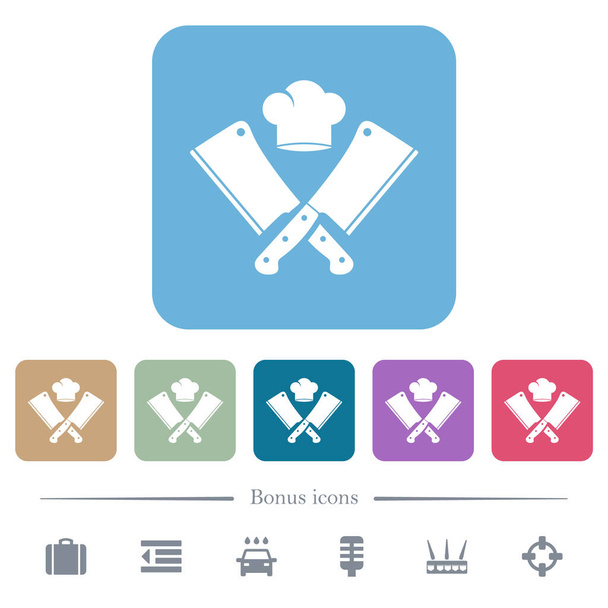 Dva zkřížené masové sekáčky a kuchařský klobouk bílé ploché ikony na barevném kulatém čtvercovém pozadí. 6 bonusových ikon zahrnuto - Vektor, obrázek