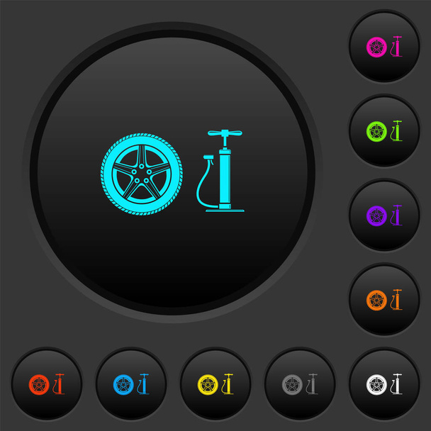 Car wheel and pump dark push buttons with vivid color icons on dark grey background - Vector, imagen