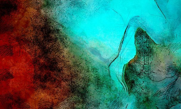 Grungy ink sketch on painting. Wild abstract illustration background. Creative colorful wallpaper. Intense moody wall art cover. Chaotic painting. - Photo, Image