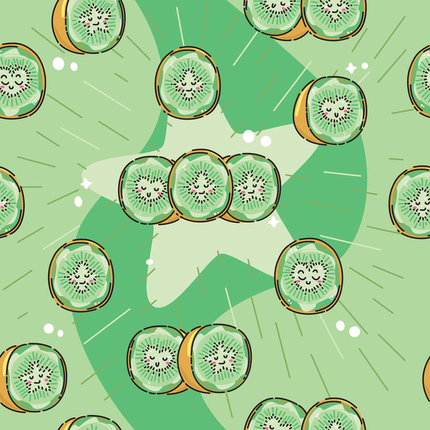 Roztomilý, zelený kawaii antropomorfní karikatura Kiwi bezešvé vzor s vlnitou hvězdice pozadí. Ideální pro jarní nebo letní textil, rezervace šrotu, dárkový obal, tapety, design produktu. Vektor - Vektor, obrázek