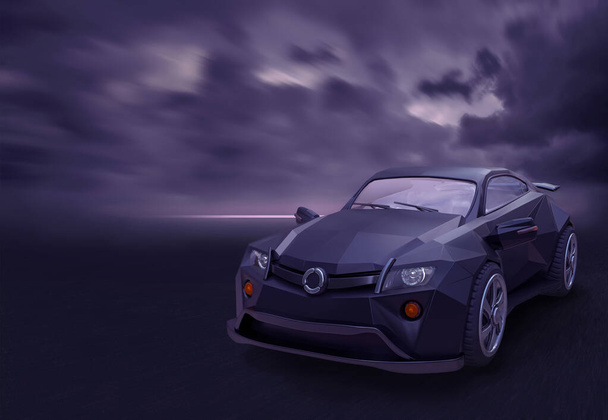 A passenger car with a polygonal body and an original design, stands against the dark sky. 3D illustration - Foto, Bild