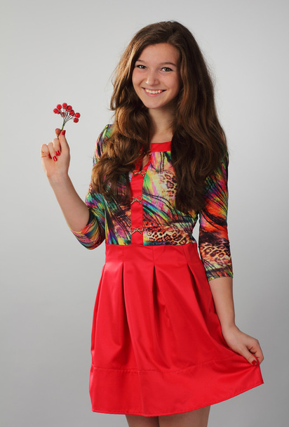 A pretty girl in a red dress with beautiful long brown hair. Pho - Zdjęcie, obraz
