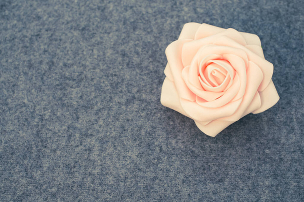 A closeup of a single pink rose on a gray woolen background with copy space to the left - Foto, imagen