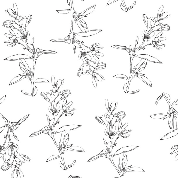 Seamless pattern of spring and summer flowers. Hand drawn wildflowers. Line art. The theme of ecology and conservation. For paper, cover, fabric, gift wrap. Vector illustration. - ベクター画像