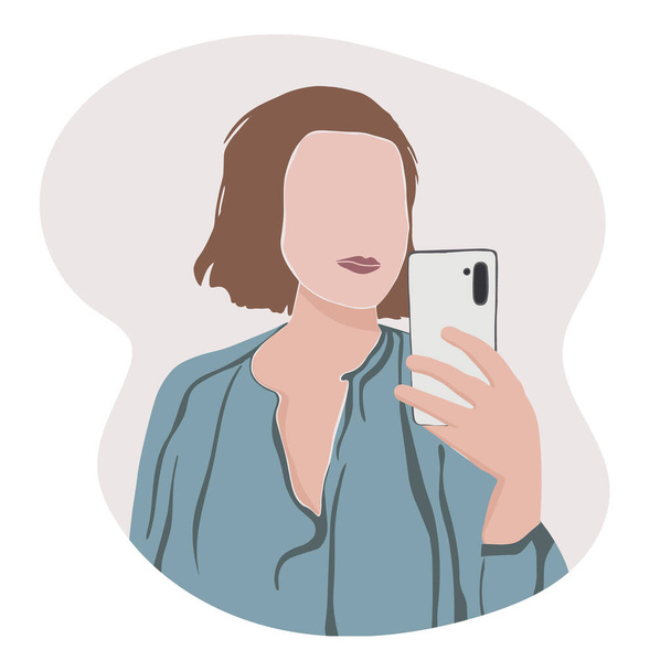 retrato de uma menina abstrata em um estilo minimalista moderno. Mulher mulher tirando foto selfie com smartphone. ilustração plana vetorial. - Vetor, Imagem