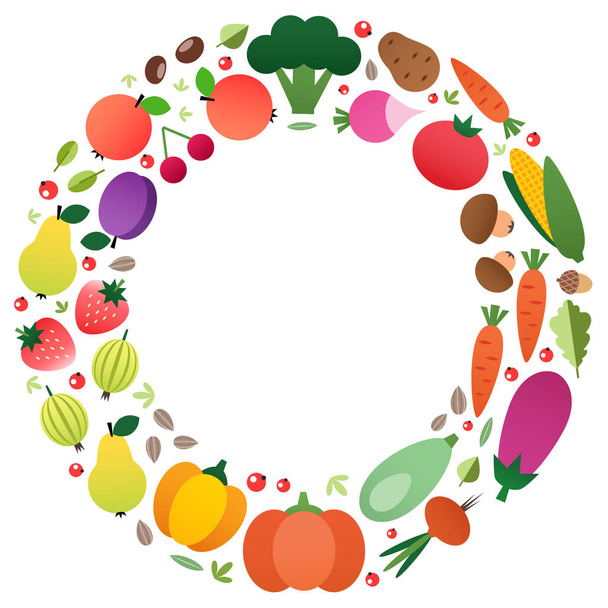 Fondo alimentario ecológico. Marco de círculo colorido hecho de verduras y frutas dibujadas en un estilo plano. Espacio en blanco para el texto incluido. Vector 10 EPS. - Vector, Imagen