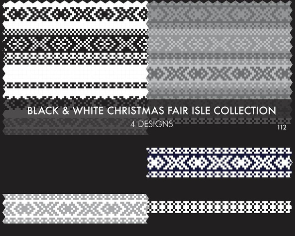 Siyah ve Beyaz Noel fuar desenleri koleksiyonu moda tekstil, örgü ve grafikleri için 4 tasarım örneğini içerir - Vektör, Görsel