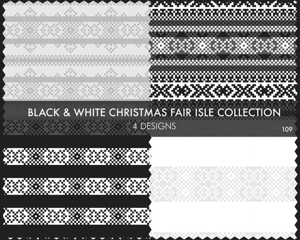 Black and White Christmas fair isle pattern collection includes 4 design swatches for fashion textiles, knitwear and graphics - Vector, Image