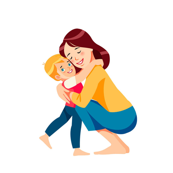 Mãe e filho. Mamãe abraçando seu filho com muito amor e ternura. Dia das mães, conceito de férias. Desenhos animados projeto vetorial isolado plana - Vetor, Imagem