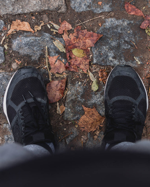 A vertical top view of wet leafy ground and feet wearing black shoes - Zdjęcie, obraz