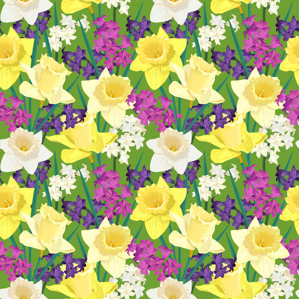 Vector flower pattern. Spring flowers on a background of green grass. Pink, white and lilac hyacinths, yellow daffodils. Design for packaging paper, wallpaper and fabrics. - Vector, imagen