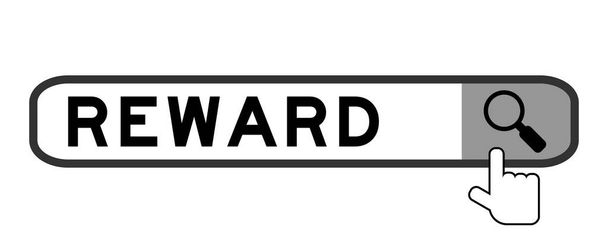 Pesquisa banner em recompensa palavra com mão sobre ícone lupa no fundo branco - Vetor, Imagem