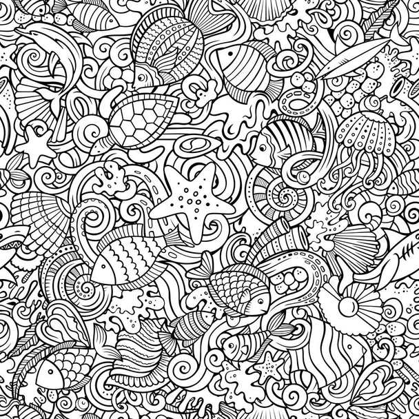 Dessin animé gribouillis Sea Life motif sans couture. Fond avec des symboles et des éléments sous-marins. Fond détaillé croquant pour impression, livres à colorier, papier d'emballage. - Photo, image