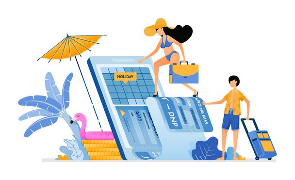 Vyberte si datum letenky na dovolenou na tropickou ostrovní pláž. Koupit vstupenky na dovolenou na Bali s mobilními aplikacemi. Ilustraci lze použít pro přistávací stránku, banner, web, plakát, brožuru - Vektor, obrázek