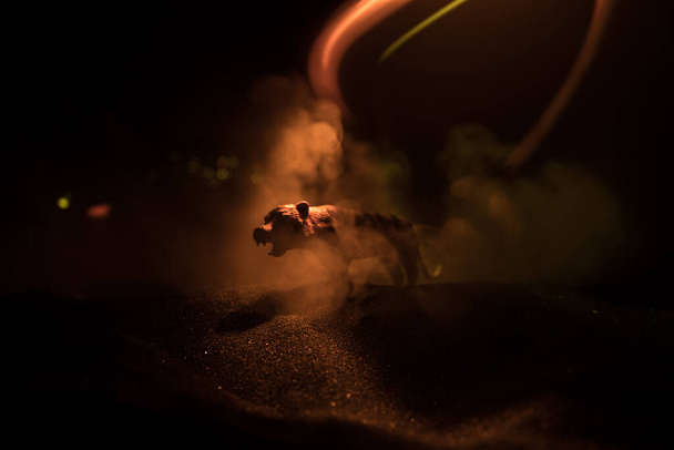 Sisli bir gecede duran kaplan minyatürünün silueti. Renkli arka planlı sisli yaratıcı dekorasyon. Seçici odak - Fotoğraf, Görsel
