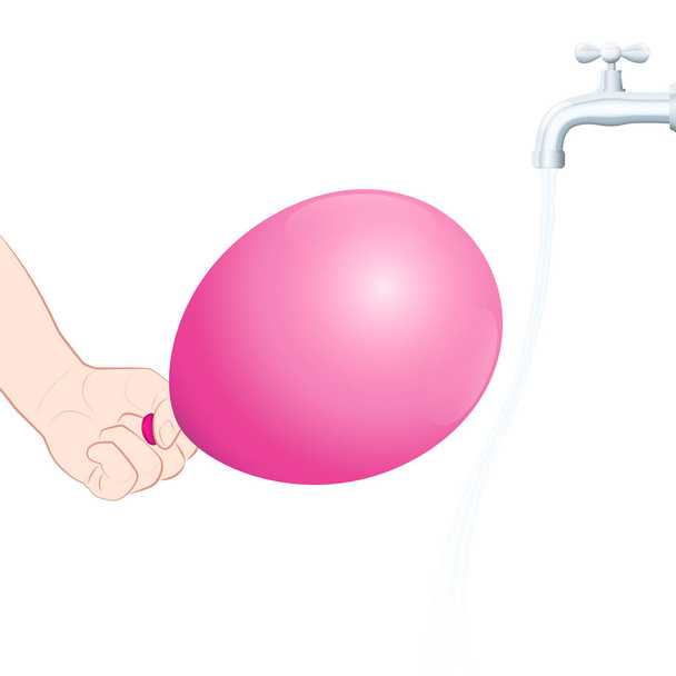 Yüklü bir balonun sebep olduğu bükme suyu. Statik çekim, fiziksel deney. Musluğu yavaşça açın, balonu saçınıza sürün, dereye yaklaştırın ve su çekilir.. - Vektör, Görsel