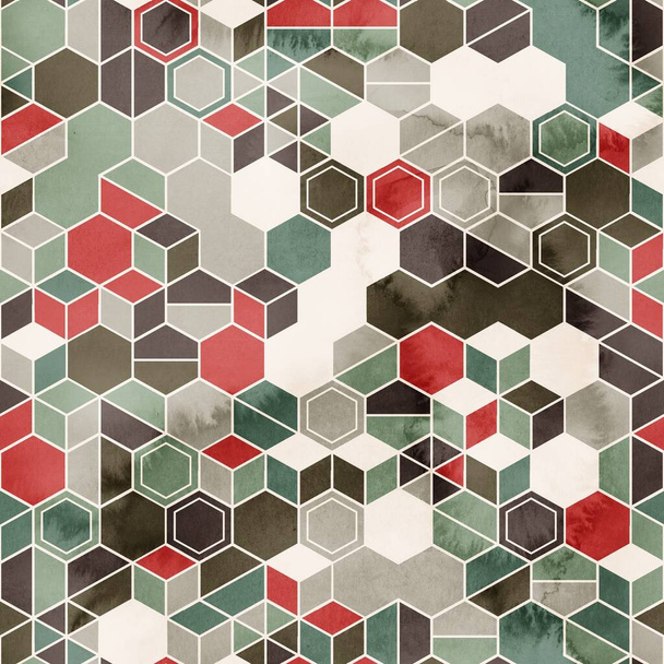 Modèle sans couture d'hexagones en couleurs aléatoires dans l'aquarelle - Photo, image
