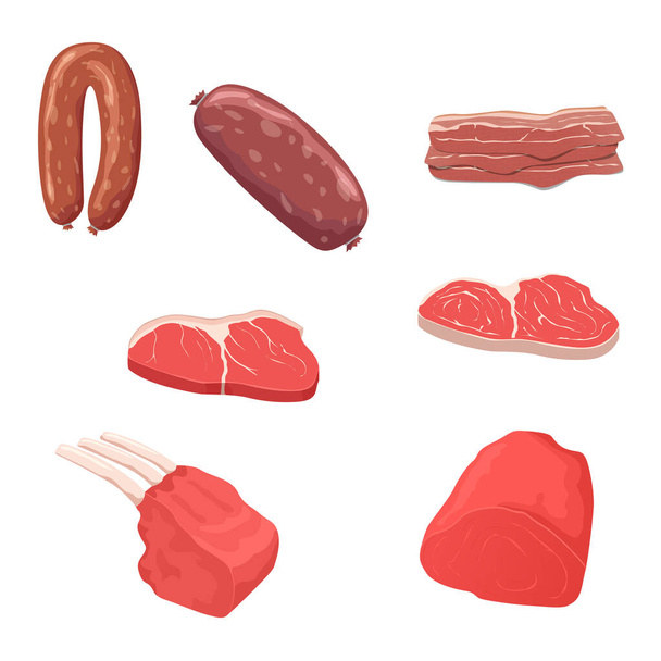 Set di icone di prodotti a base di carne di design piatto. - Vettoriali, immagini