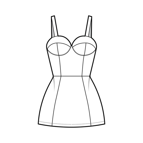Tubo vestido de moda técnica ilustração com bustier, sem mangas, corpo equipado, mini saia de comprimento. Vestuário liso - Vetor, Imagem