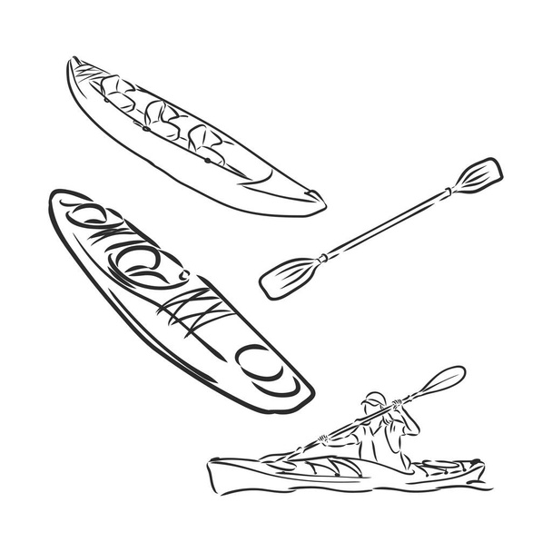 Kayak con pagaia disegnato a mano contorno icona scarabocchiare. Illustrazione di schizzo vettoriale in kayak per stampa, web, mobile e infografica isolata su sfondo bianco. - Vettoriali, immagini