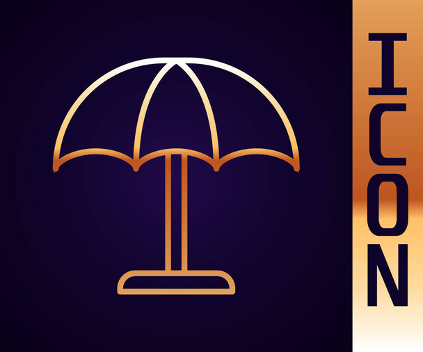 Arany vonal Sun védő esernyő strand ikon elszigetelt fekete alapon. Nagy napernyő a szabadtéri térbe. Tengerparti esernyő. Vektor. - Vektor, kép