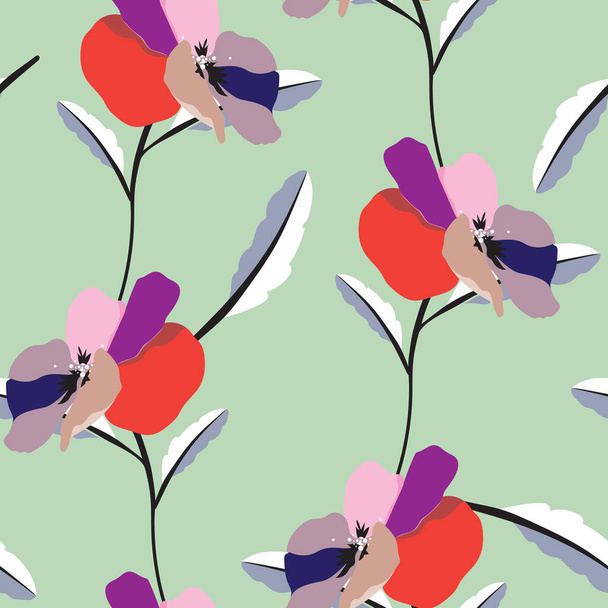 Colorful and vibrant pansy flowers in a repreating seamless pattern design, modern and creative spring and summer themed vector background - Vektör, Görsel