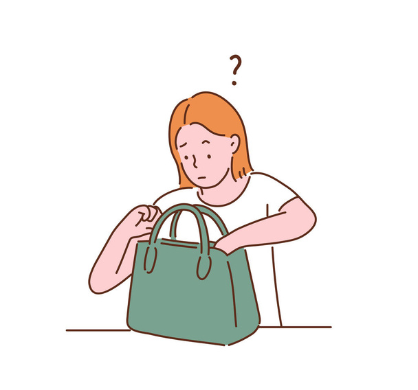 Μια γυναίκα ψάχνει για πράγματα στην τσάντα της. ζωγραφισμένες στο χέρι εικονογραφήσεις διανυσματικού σχεδιασμού. - Διάνυσμα, εικόνα