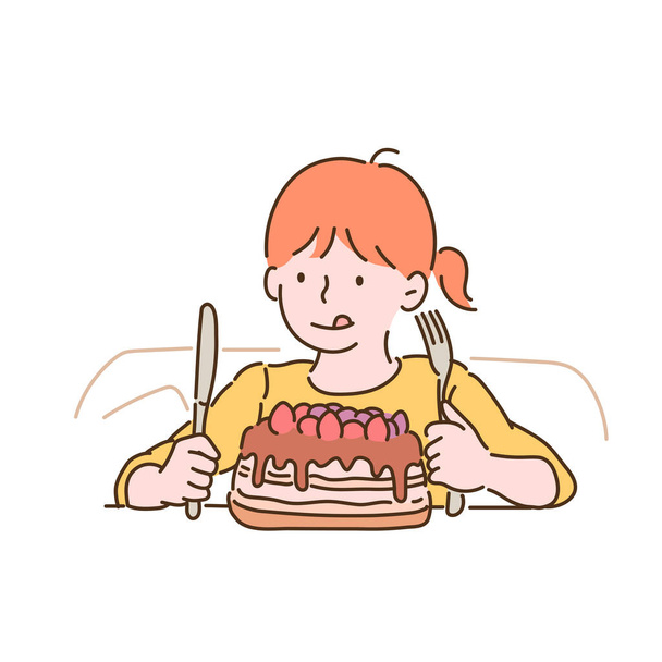 A little girl is looking at a cake with a fork and knife in her hands. hand drawn style vector design illustrations. - Vetor, Imagem