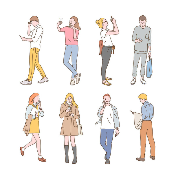 Колекція людей на вулиці з використанням мобільних телефонів. рука намальована стиль Векторний дизайн ілюстрації
. - Вектор, зображення