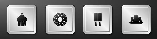 Set Cake, Donut, Ice cream and Jelly cake icon. Silver square button. Vector - Vector, Image