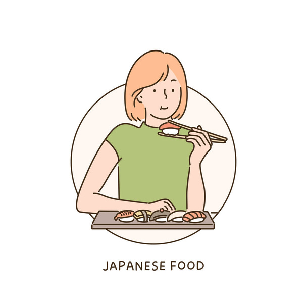 Egy nő szusit eszik evőpálcikával. kézzel rajzolt stílus vektor design illusztrációk. - Vektor, kép