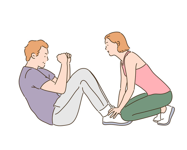 A man is doing sit-ups and a woman is holding his feet. hand drawn style vector design illustrations. - ベクター画像