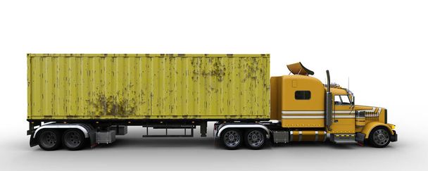 Vista lateral de un gran camión de carga articulado amarillo sin marca. Ilustración 3D aislada sobre fondo blanco. - Foto, Imagen