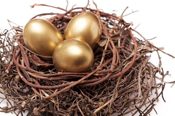Golden eggs in nest  - Fotoğraf, Görsel