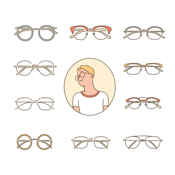 Man wearing glasses with different types of glasses. - Vector, Image