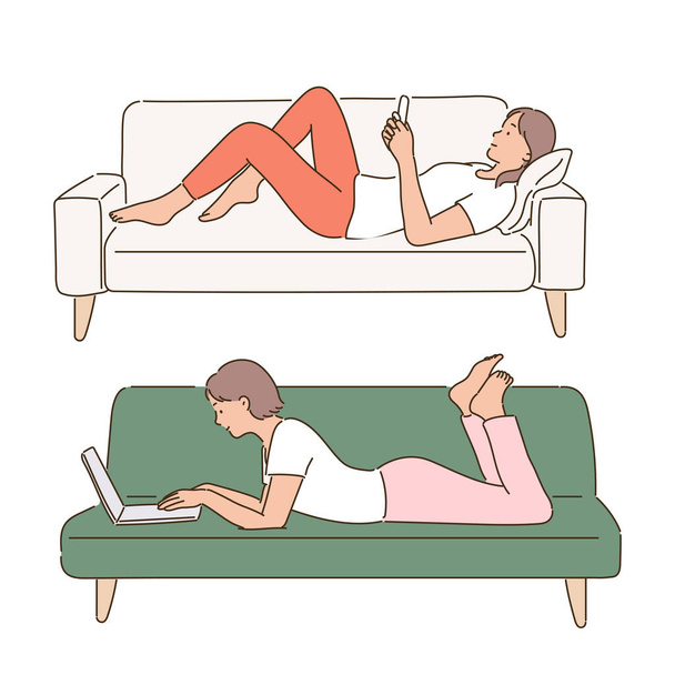 A woman lying comfortably on the sofa and looking at her phone. A woman lying comfortably on the sofa and looking at a laptop. hand drawn style vector design illustrations. - Διάνυσμα, εικόνα