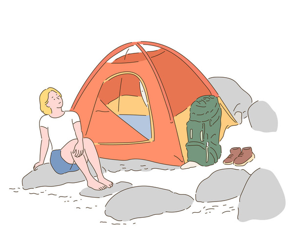 Bir kadın vadide bir çadırda kamp yapıyor. el çizimi biçim vektör tasarımı çizimleri. - Vektör, Görsel