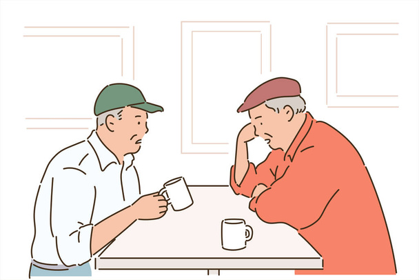 İki arkadaş bir masada karşılıklı oturuyorlar, kahve içip sohbet ediyorlar. el çizimi biçim vektör tasarımı çizimleri. - Vektör, Görsel