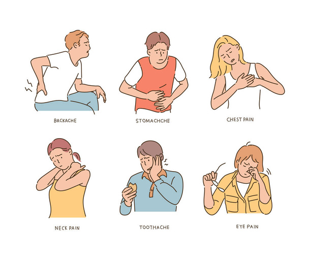 Characters expressing pain in each part. hand drawn style vector design illustrations. - Vector, Image