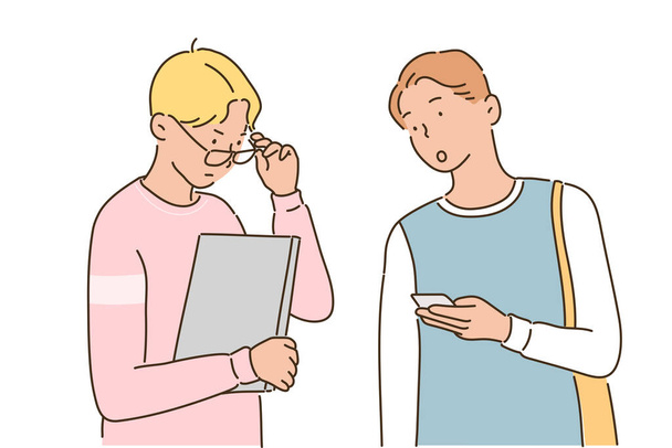 Deux étudiants de sexe masculin ont une conversation avec un ordinateur portable et un téléphone portable dans leurs mains. illustrations de design vectoriel de style dessiné à la main. - Vecteur, image