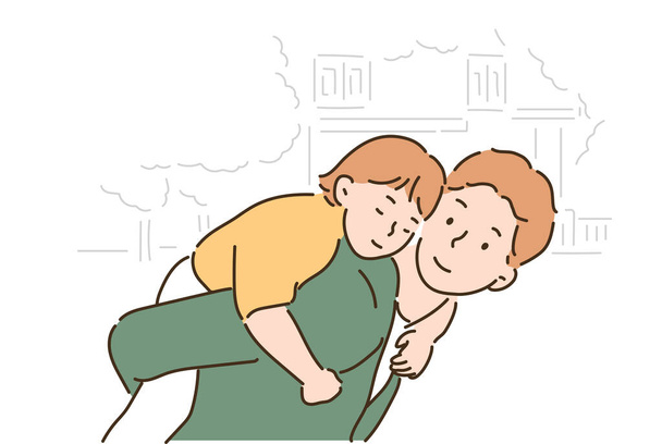 A father looks lovingly at his daughter on his back. hand drawn style vector design illustrations. - Вектор, зображення